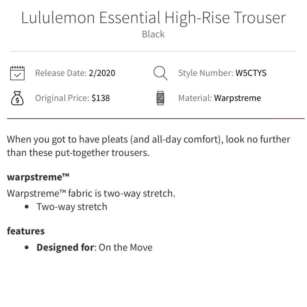 Lululemon NWOT Essential High-Rise Trouser in Black Size 8 - Picture 8 of 8